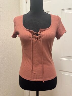 Rue21 Lace-Up Ribbed Short Sleeve Top - Dusty Rose